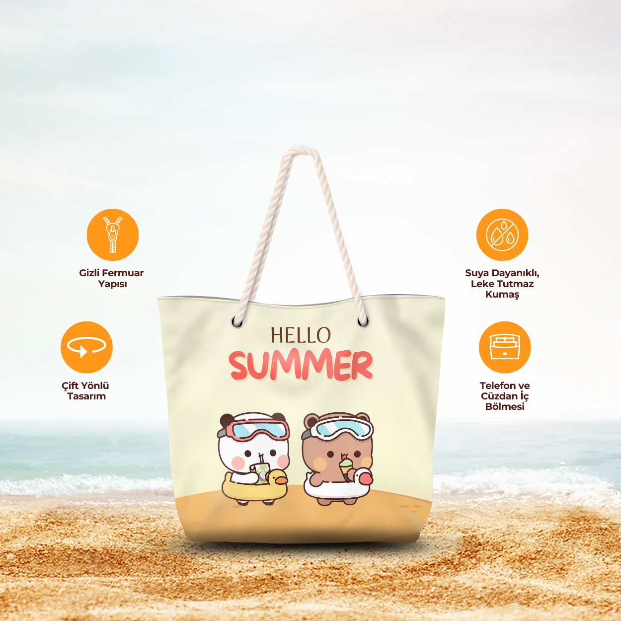 bubu-dudukumas-canta-lisansli-urun Bubu Dudu Hello Summer Alışveriş Çantası, Kumaş Çanta - Görsel 1