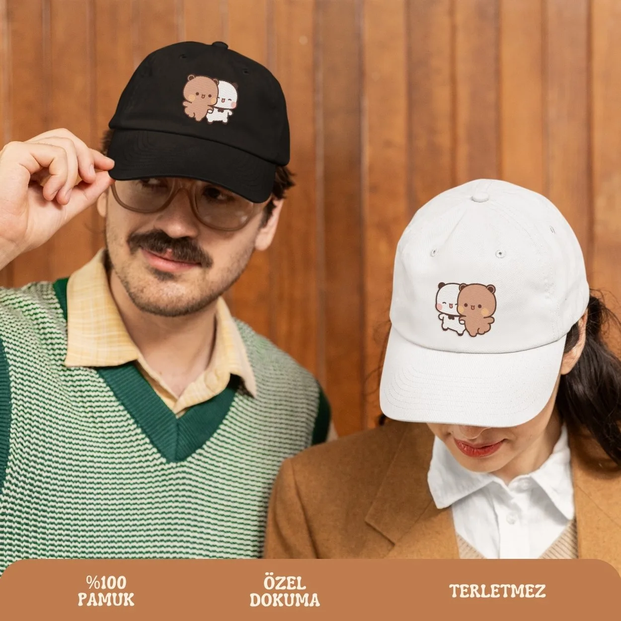 bubu-dudu-nakisli-cift-sapka Bubu Dudu TekliNakışlı %100 Pamuk Şapka - Minimal Seri - Görsel 1